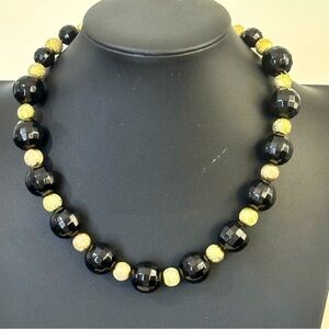 Vintage necklace black acrylic faceted beads with matte gold beads gold filled
